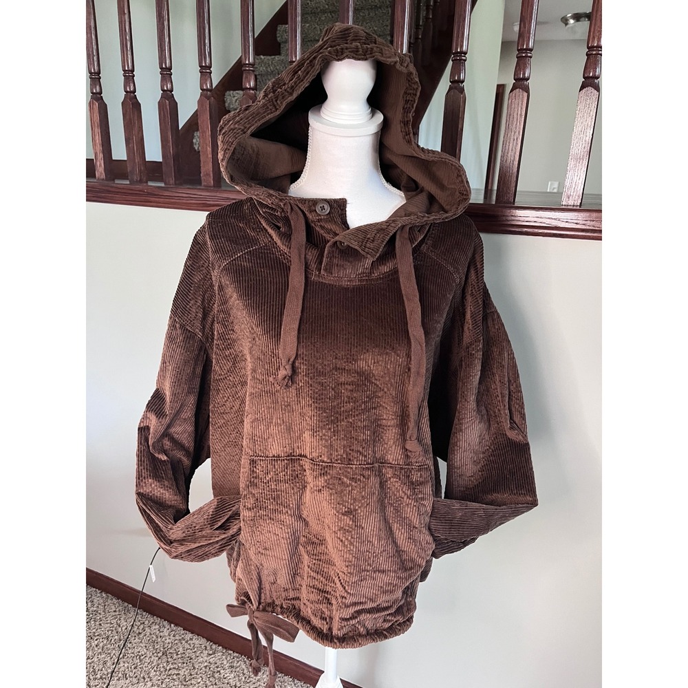 American Eagle Brown Corduroy Hoodie Button Neck Pullover XL